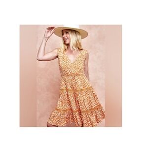 BiBi Floral Mini Dress Sleeveless‎ V Neck Drawstring Waist Orange Crochet Small
